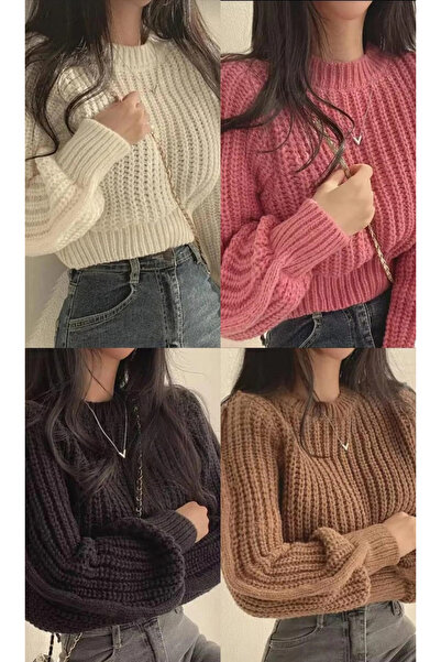 e beyazoglu Krop Bol Kesim Balon Kol Bisiklet Yaka 4 lü Kombin Kazak