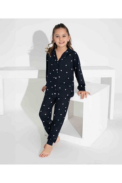 Tarık Milan Fabric Oversize Button Shirt Collar Long Sleeve Navy Blue Heart Print Pajamas Set