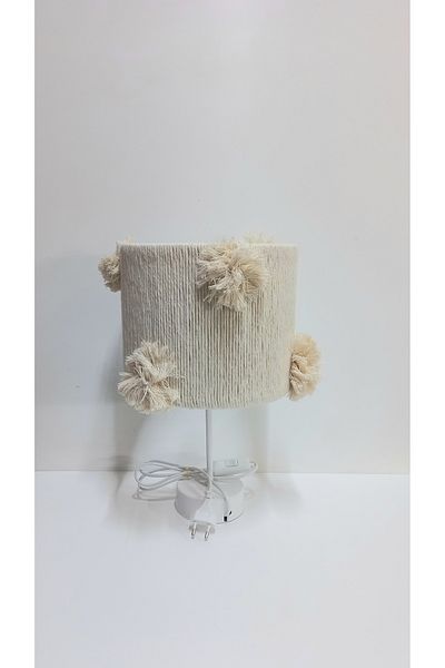 C&A&B KUZEY AVİZE Cylinder Ecru Makrome Rope Hanging Ecru Handmade Pompon Baby Girl's Children's Room Lamp Shade