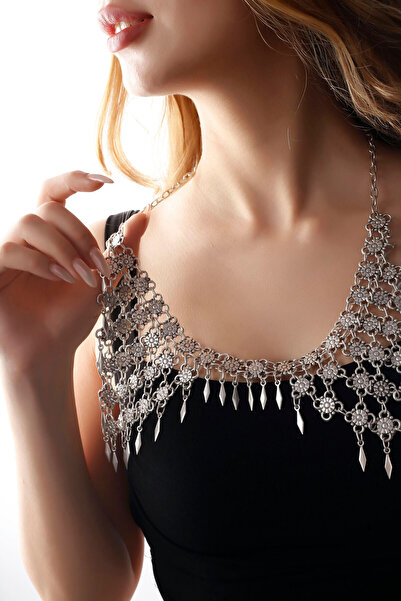 MATYA JEWELERY Matya Antik Gümüş  Kaplama Yonca Parçalı Kolye