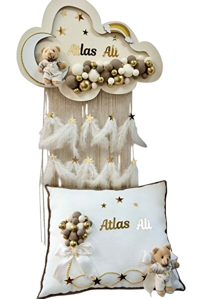 Yavuz Süs Krem üzerine kahve tonlu püsküllü Kapı süsü & Yastık takımı