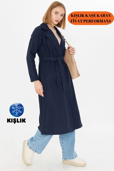 Rabi Shine Navy Blue Women's Winter Cashew Coat - Belted and Unlined