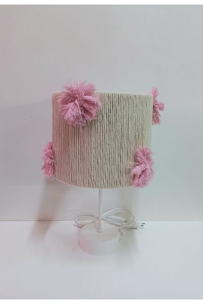 C&A&B KUZEY AVİZE Pink Ecru Macrame Rope Wrap - Baby Girl Room Lampshade with Pompom