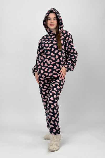 Betimoda Women's Winter Pajamas Set - Fleece, Elastic Waist, Hood, Black Heart Pattern