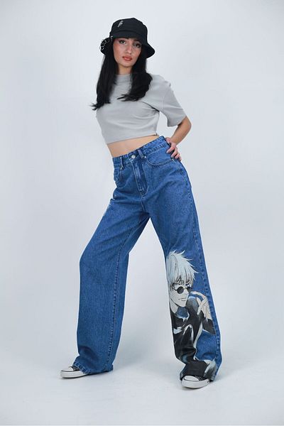 Touz Moda Snow Washed Anime Satoru Gojo Pattern Baggy Pants