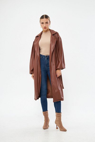 Rabi Shine Women's Brown Waist Tied Sleeve Gathered Leather Trench Coat