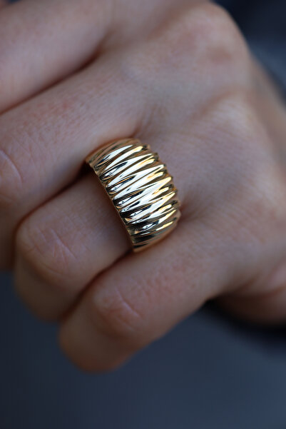 Yenigün Kuyumculuk 14 Ayar Altın Taşsız Geniş Şerit Dizisi Işıltılı Yüzük