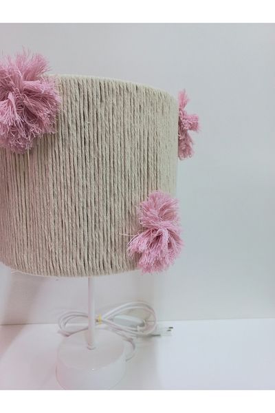 C&A&B KUZEY AVİZE Pink Ecru Macrame Rope Wrap - Baby Girl Room Lampshade with Pompom