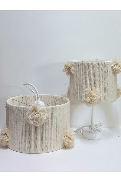 C&A&B KUZEY AVİZE Ecru Cylinder Macrame Rope Wrap - Baby and Girl's Room Chandelier and Lampshade Set