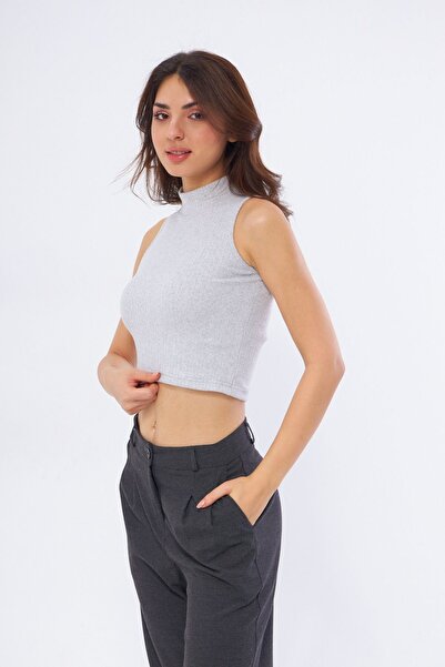 Oyga Γυναικεία γκρι μισό ζιβάγκο αμάνικη μπλούζα με ραβδώσεις