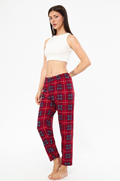 Oyga Γυναικείο παντελόνι πιτζάμα με βυσσινί καρό σχέδιο από βαμβακερό-σουέντ βελούδο