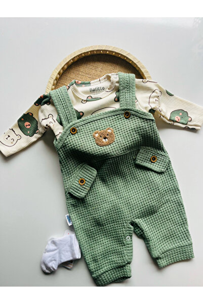 Linikids Nafitto  Ayıcık İşlemeli Erkek Bebek Waffle Yeşil Salopet (Çorap Hed...