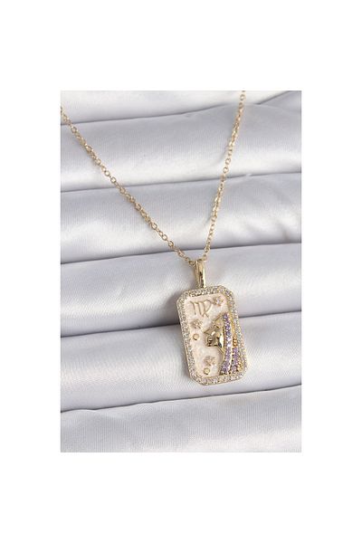 Store قلادة نسائية من الفولاذ باللون الذهبي 316l بعلامة برج العذراء وحجر الزركون - Tj-bko9461