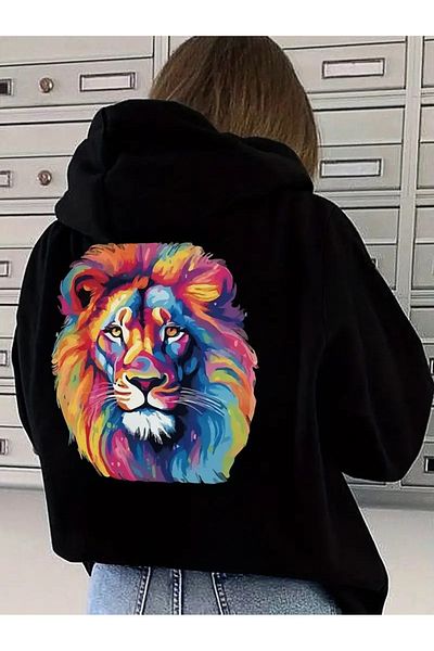 LAND MODA COPY - Unisex Μαύρο φούτερ με κουκούλα λιοντάρι με στάμπα