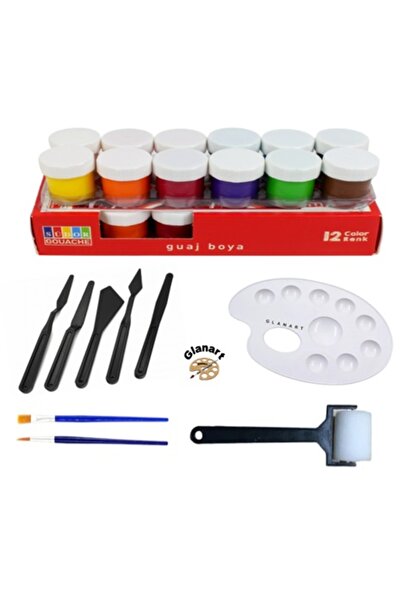 Glanart ipek ve zemin fırçalı 12 renk guaj boya seti