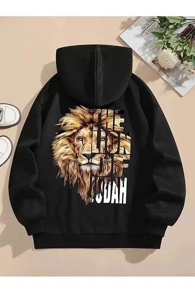 LAND MODA COPY - Unisex Μαύρο φούτερ με κουκούλα λιοντάρι με στάμπα