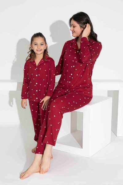 Tarık Milan Fabric Shirt Collar Button-Down Long Sleeve Burgundy Heart Print Pajamas Set