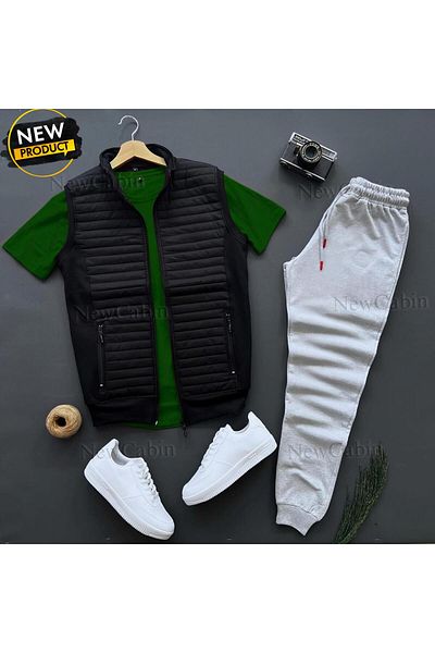 NewCabin Vestă matlasată de bază - Pantaloni de sport gri de vară - Tricou kaki 3 piese Seturi de jos și de sus
