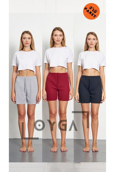 Oyga Pantaloni scurți pentru femei, 3 piese, gri, roșu claret și bleumarin, pantaloni de pijama - striate și ținute confortabile