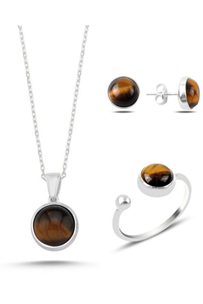 Inure Jewelry Yuvarlak Kaplan Gözü Taşlı Tektaş Tiger Eye Kolye (Kolye&Küpe&A...