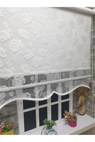 StorBurada Double Mechanism Off-White Tulle Curtain and Ecru Roller Blind Stb1093