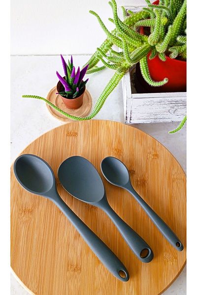 TARIK HOME Set of 3 Grey Color Hard Tip Heat-Resistant Fireproof Non-Stick Silicone Spoon Set 3 Pcs