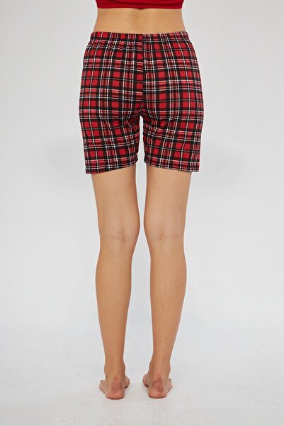 Oyga Kırmızı Kadın Ekose Desenli Mevsimlik Bel Lastikli Pijama Şort Gündelik Giyim