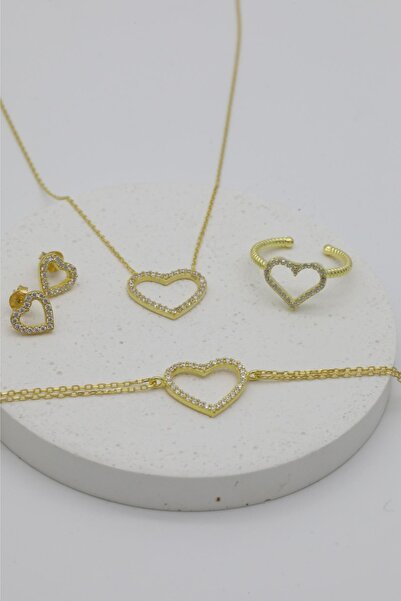 Inure Jewelry Kalp Model 925 Ayar Zirkon Taşlı Gümüş Kolye&Küpe&Ayarlanabilir...