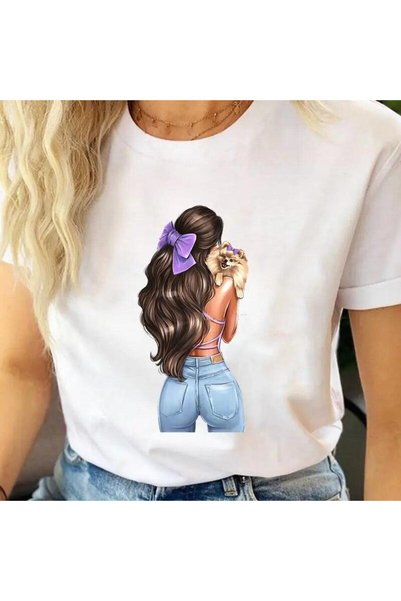 THİS GYOX Women's Printed Detail Oversize Bol Cut T-Shirt with Cycling Neck
