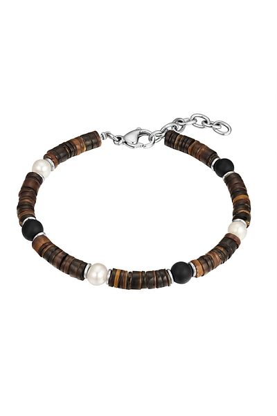 True Rebels Perlenarmband Armband Edelstahl Süßwasser-Zuchtperle weiß Muschelkernperle braun Achat schwarz