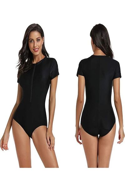 segiza Schwarzer Jumpsuit-Badeanzug mit halben Ärmeln und Reißverschluss