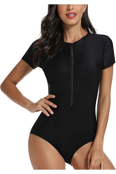 segiza Schwarzer Jumpsuit-Badeanzug mit halben Ärmeln und Reißverschluss