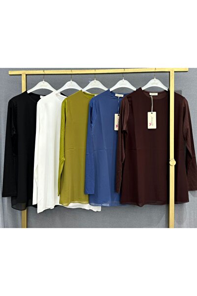Zeynep Butik Efraze Uzun Kollu Önü Şifon Penye İçlik Tunik Body Bluz 71 cm 4433 1632