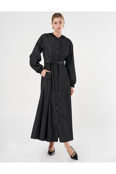 Kayra Rochie din denim neagra - Buzunar cu clapeta