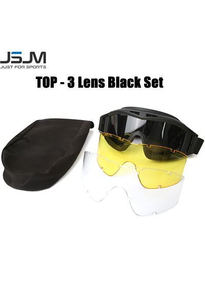 Choice نظارات Jsjm Airsoft التكتيكية ذات 3 عدسات سوداء مقاومة للرياح والغبار ورماية موتوكروس ودراجات نارية