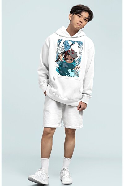 Fuddy Moda Demon Slayer Unisex Oversize Світшот з капюшоном - Tanjiro Buz Nefesi з принтом, худі з аніме-тематикою