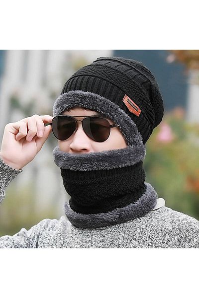 Choice 4PCS Black Winter Fleece Scarf Hats Thicken Plush Warm Beanies Wool Knit Caps Men Women Outdoor Cycl