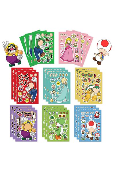 BANDAI 8sheets 8/16/32sheets Cartoon Mario Make A Face Puzzle Stickers Kids Make Your Own Diy Game Children