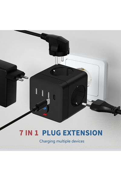 Choice Eu Plug White 7-in-1 Eu Power Strip, Power Strip Surge Protector 3 Ac Outlets 3 Usb 1 Type-c, Deskto