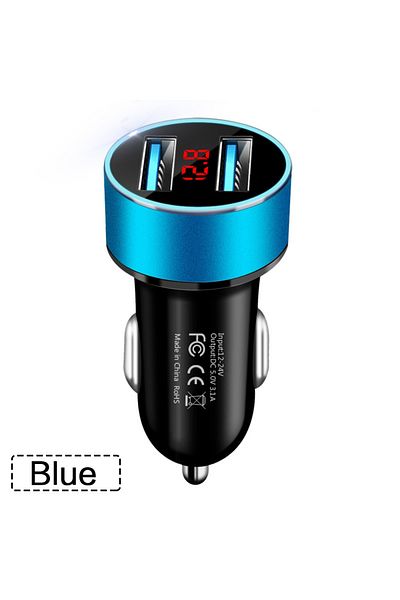 Choice شاحن سيارة أزرق عالي الجودة 3.1 أمبير بمنفذين USB وشاشة LCD ومقياس الفولتية 12-24 فولت ولاعة سجائر