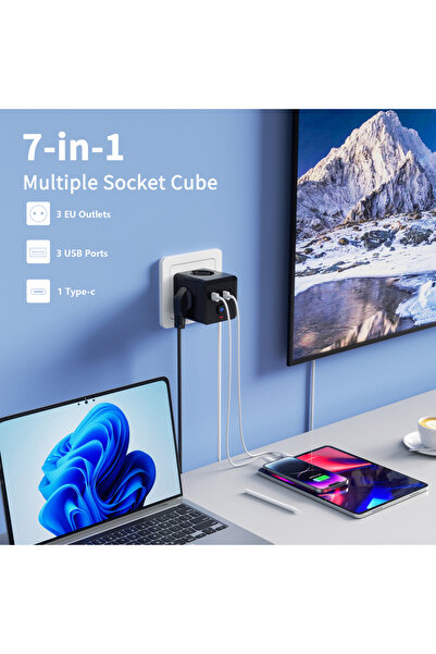 Choice قابس الاتحاد الأوروبي الأبيض، شريط طاقة الاتحاد الأوروبي 7 في 1، شريط طاقة واقي من زيادة التيار الكهربائي، 3 منافذ تيار متردد، 3 منافذ USB، 1 منفذ Type-C، سطح مكتب