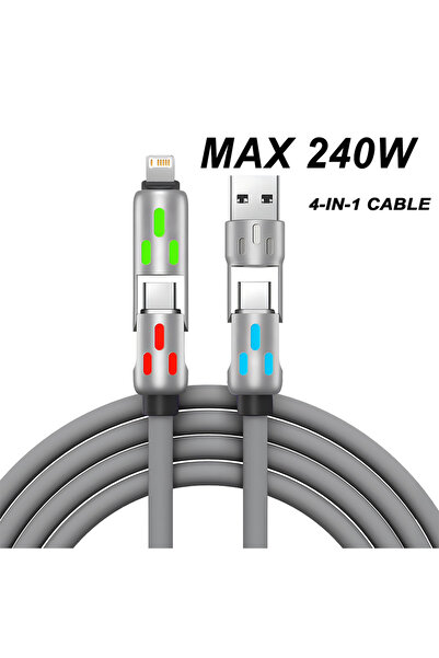 Choice1 شاحن متعدد الموصلات 4 في 1 رمادي اللون بطول 1 متر بمرفق دوار من USB إلى Type-C بطول 1.2 متر للهاتف المحمول بقوة 240 وات شحن سريع
