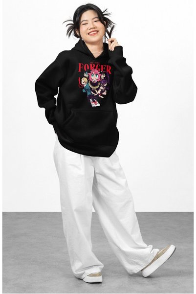Fuddy Moda Unisex Anya Baskılı Kapüşonlu Sweatshirt, Oversize Spy X Family Anime Temalı Hoodie