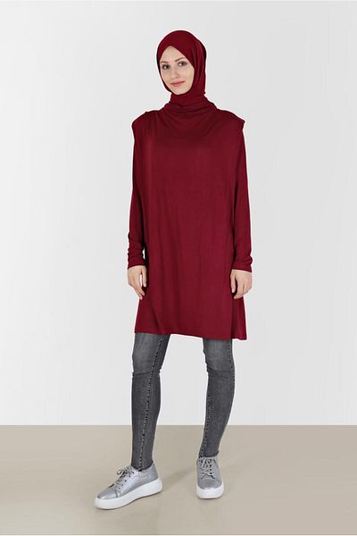 TRENDTESETTÜR Burgundy Draped Collar Women's Tunic - t 42389
