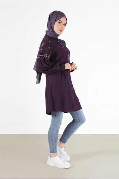 TRENDTESETTÜR Women's Purple Embroidered Detail Tunic t 42396