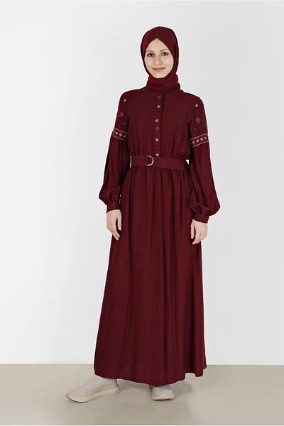TRENDTESETTÜR Βουργουνδία Φόρεμα Hijab με Ζώνη - Γυναικείο T 42387