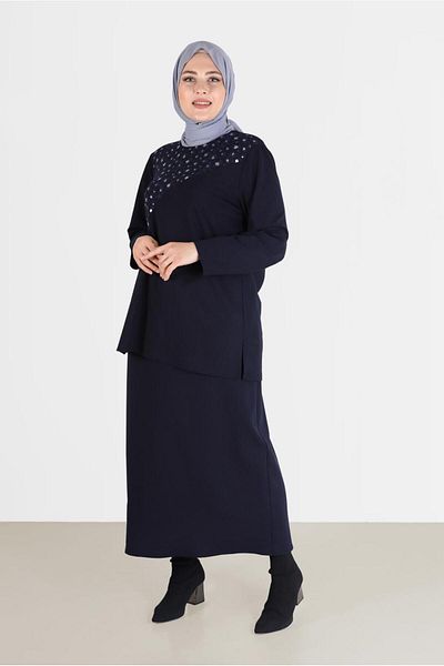 TRENDTESETTÜR Navy Blue Patterned Women's Skirt Set - t 20192