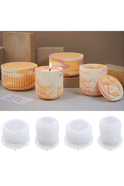 UDOCOOL Round Stripe Candle Jar Silicone Mold DIY Handmade Storage Box Pen Holder Plaster Cement Vase Cra...
