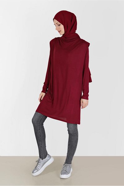 TRENDTESETTÜR Burgundy Draped Collar Women's Tunic - t 42389