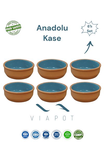 Viapot 250ml Anatolian Rice Pudding Bowl Crock - 6 Pieces, 11.5X4.5Cm, Glazed Pot - Turquoise